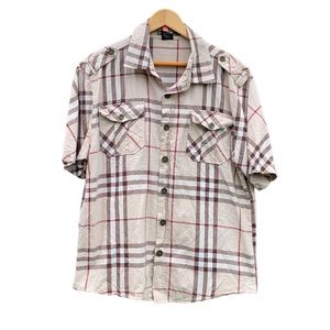 BARE FOX‎ Men's XL Beige Brown Plaid Button Down Short Sleeve Cotton Shirt.